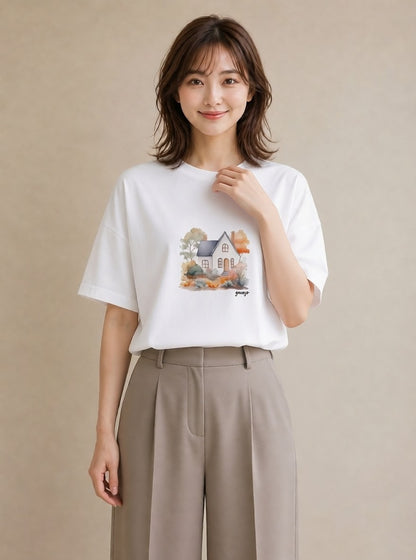 Tシャツ レディース 湖畔の小屋 湖 小屋 ナチュラル アンティーク イラスト アート風 公園 ママ 白T