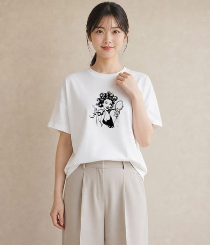 Tシャツ レディース 手鏡 アンティーク レトロ ナチュラル イラスト 北欧風 帰省 ラフ 白T