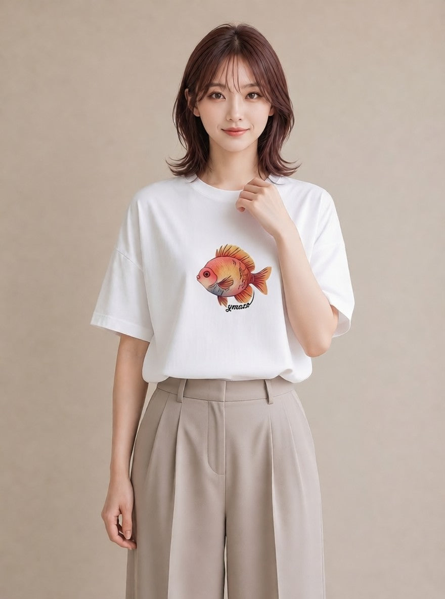 グラフィックTシャツ レディース ベタ ペット 動物 イラスト 旅行コーデ ビーチ デイリーウェア 白T