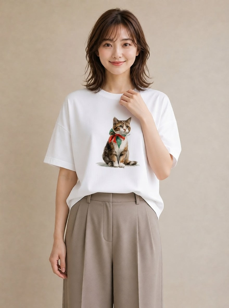 デザインTシャツ レディース 子猫 猫 ねこ イラスト ラフ 普段着 週末コーデ 白T