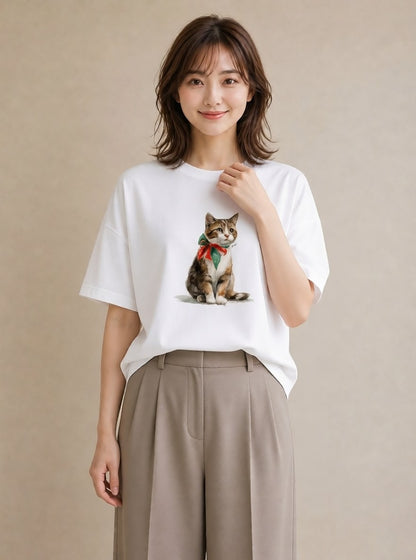 デザインTシャツ レディース 子猫 猫 ねこ イラスト ラフ 普段着 週末コーデ 白T