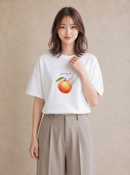 半袖Tシャツ レディース もも 食べ物 フード イラスト 旅行コーデ 休日 ペアコーデ 白T