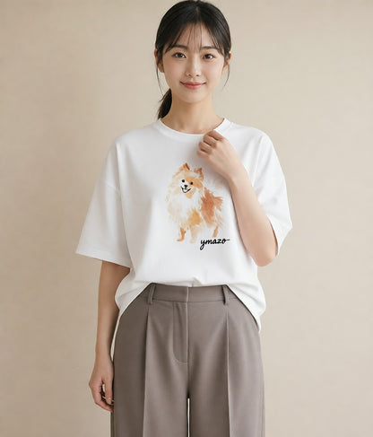 プリントTシャツ レディース ポメラニアン ポメ 犬 いぬ イラスト きれいめ 春服 ミセス 白T