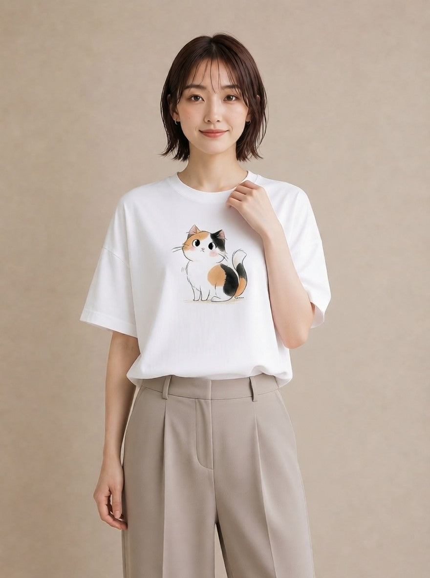 Tシャツ レディース マンチカン 猫 ねこ イラスト レトロ 20代 カジュアルコーデ 白T