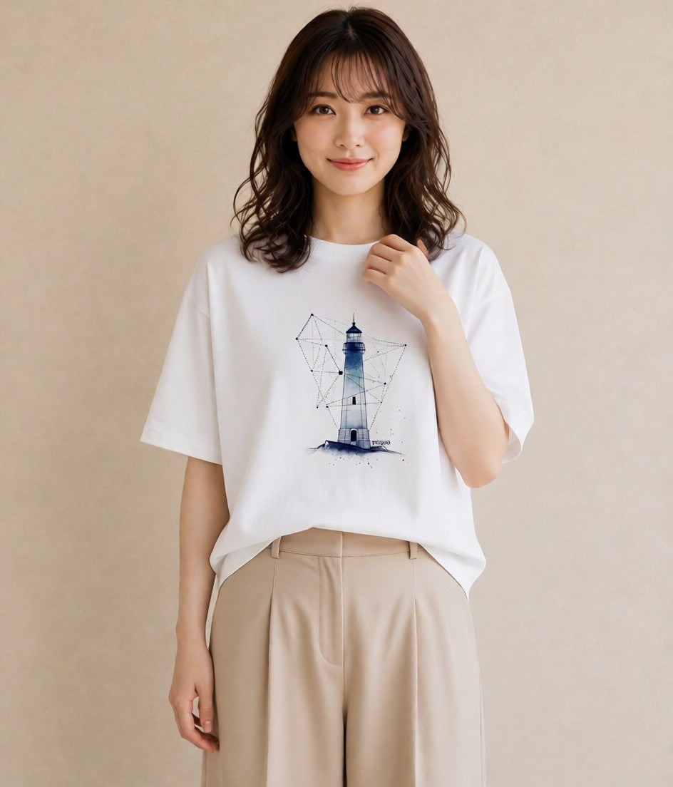 Tシャツ レディース 灯台 霧 海 ナチュラル アンティーク イラスト ラフカジュアル カフェ巡り 女子会 白T