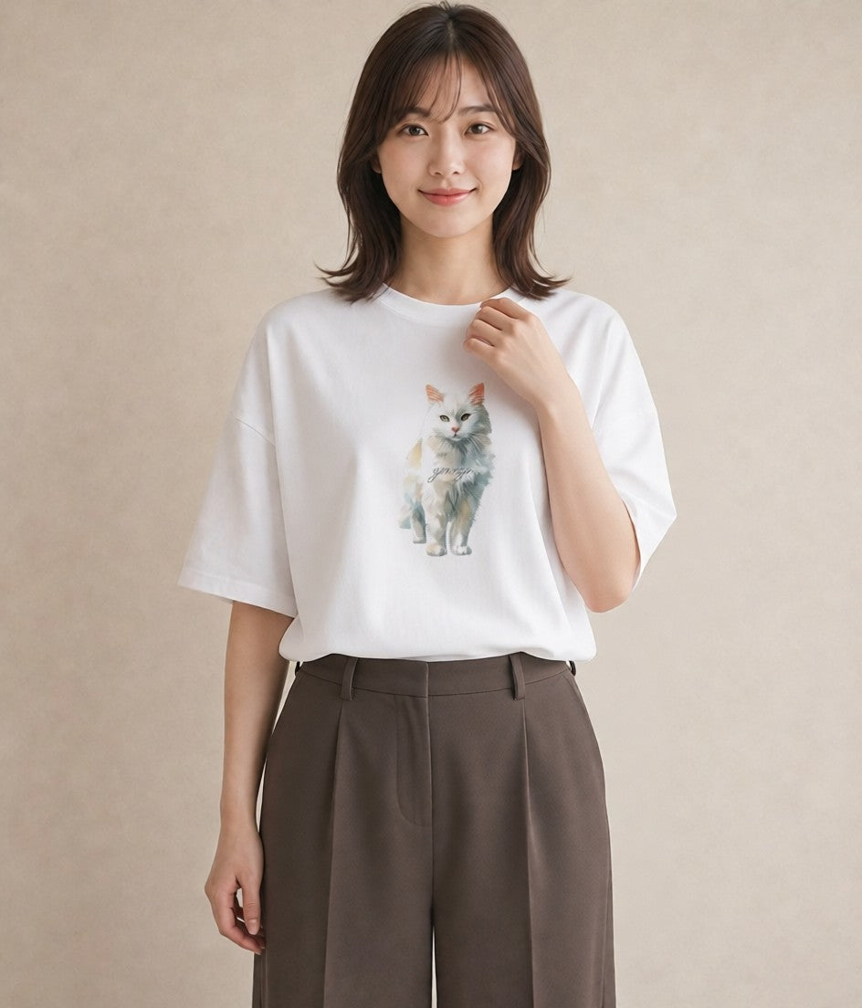 半袖Tシャツ レディース アメリカンショートヘア 猫 ねこ イラスト きれいめ おしゃれギフト 社会人 白T