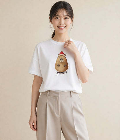 プリントTシャツ レディース ジャンガリアンハムスター ペット 動物 イラスト シンプル 休日 ペアコーデ 白T