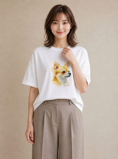 Tシャツ レディース チワワ 犬 いぬ イラスト 手描き風 お出かけ 普段着 白T