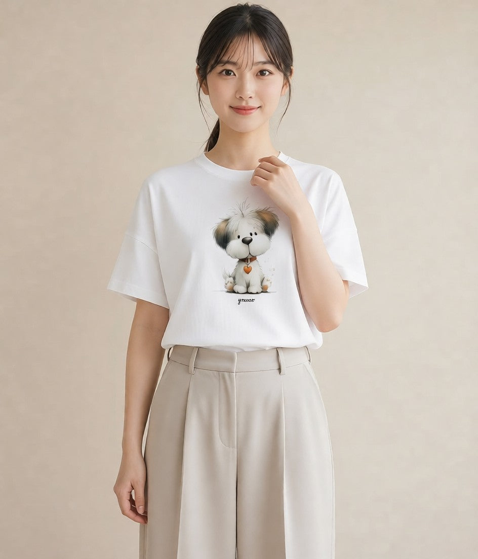 デザインTシャツ レディース わんちゃん 犬 いぬ イラスト 淡色 綿100 デート 白T