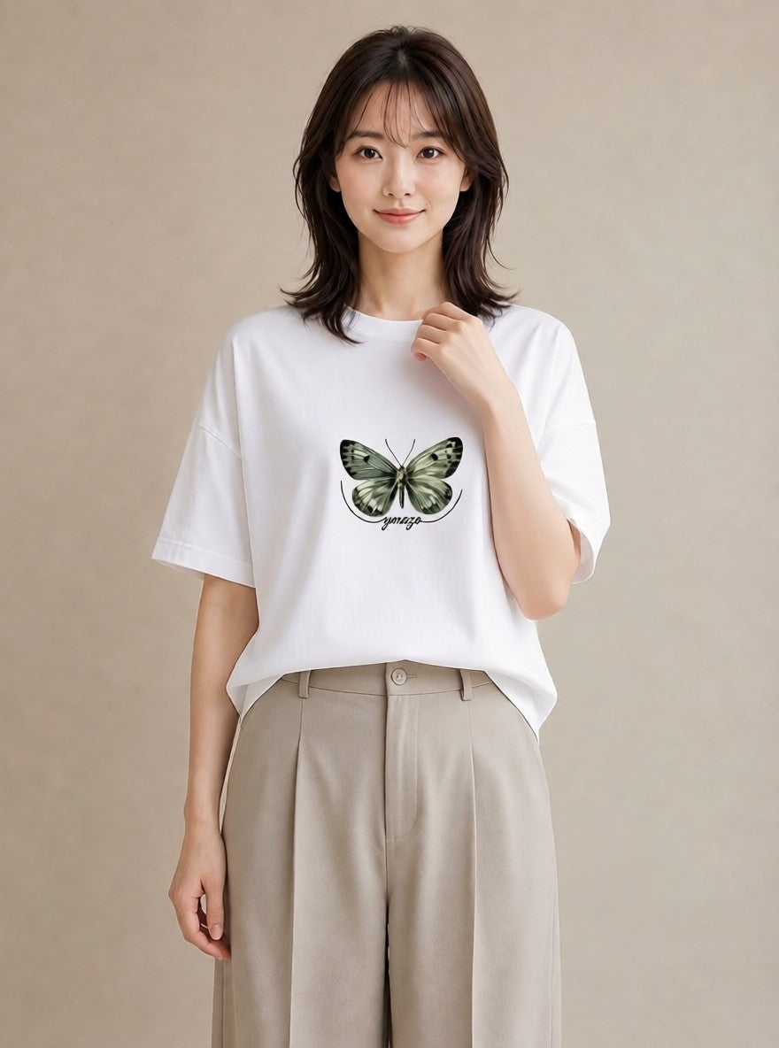 プリントTシャツ レディース ちょうちょ 蝶 バタフライ 昆虫 虫 イラスト 線画 母の日 ビーチ 白T