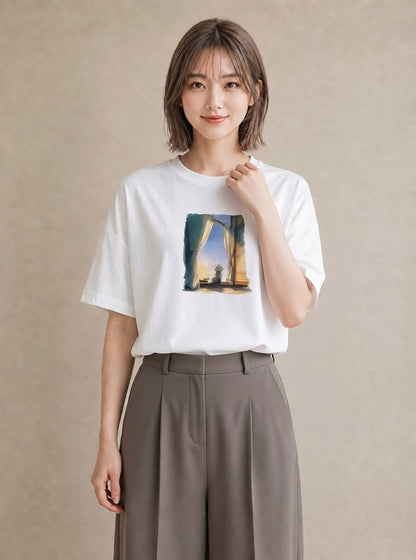 Tシャツ レディース 灯りの家 小屋 夜 ナチュラル アンティーク イラスト ヴィンテージ風 ママ カフェ服 白T