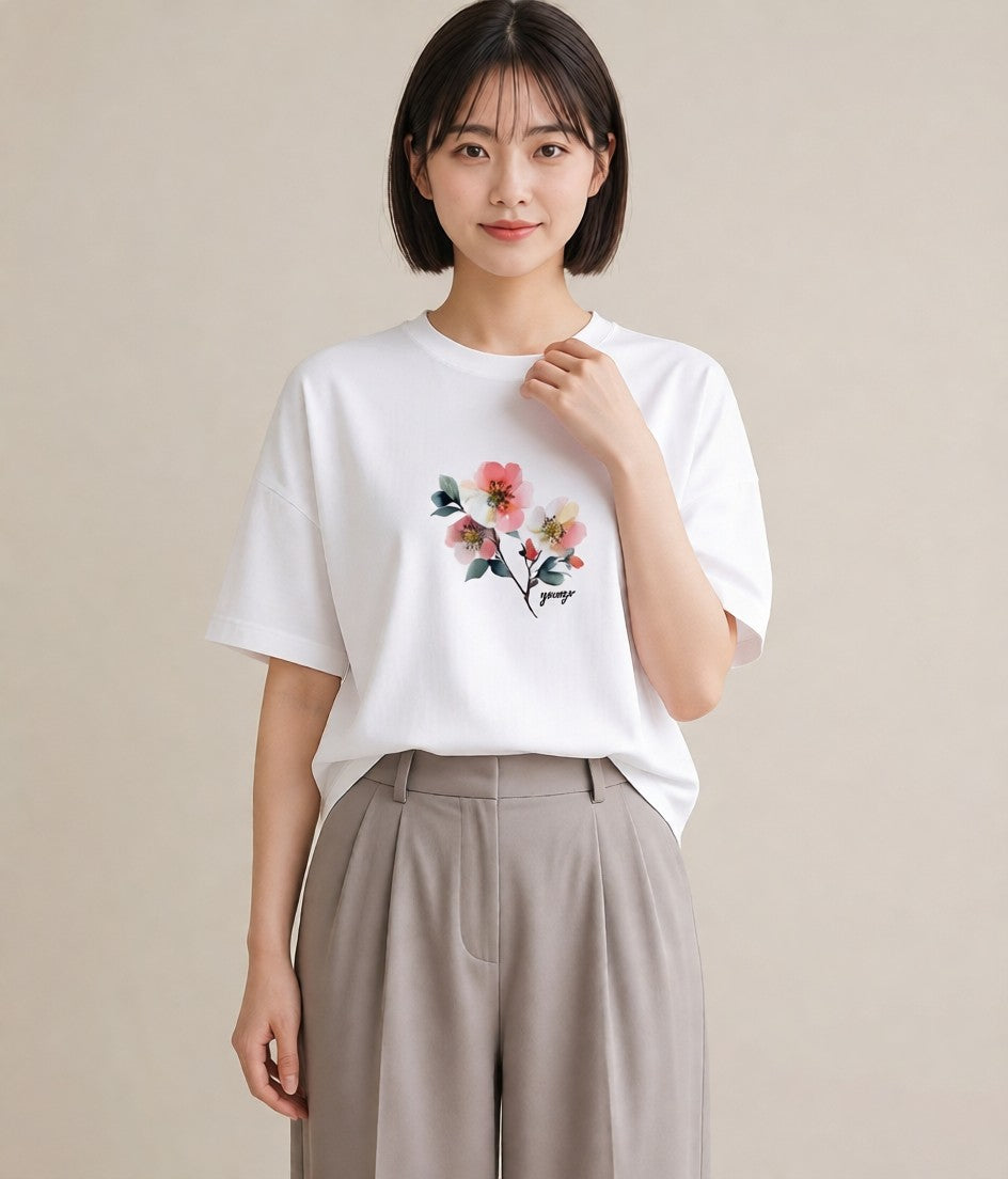 デザインTシャツ レディース 椿 花 花柄 イラスト モード 敬老の日 ホワイトデー 白T
