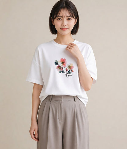 デザインTシャツ レディース 椿 花 花柄 イラスト モード 敬老の日 ホワイトデー 白T