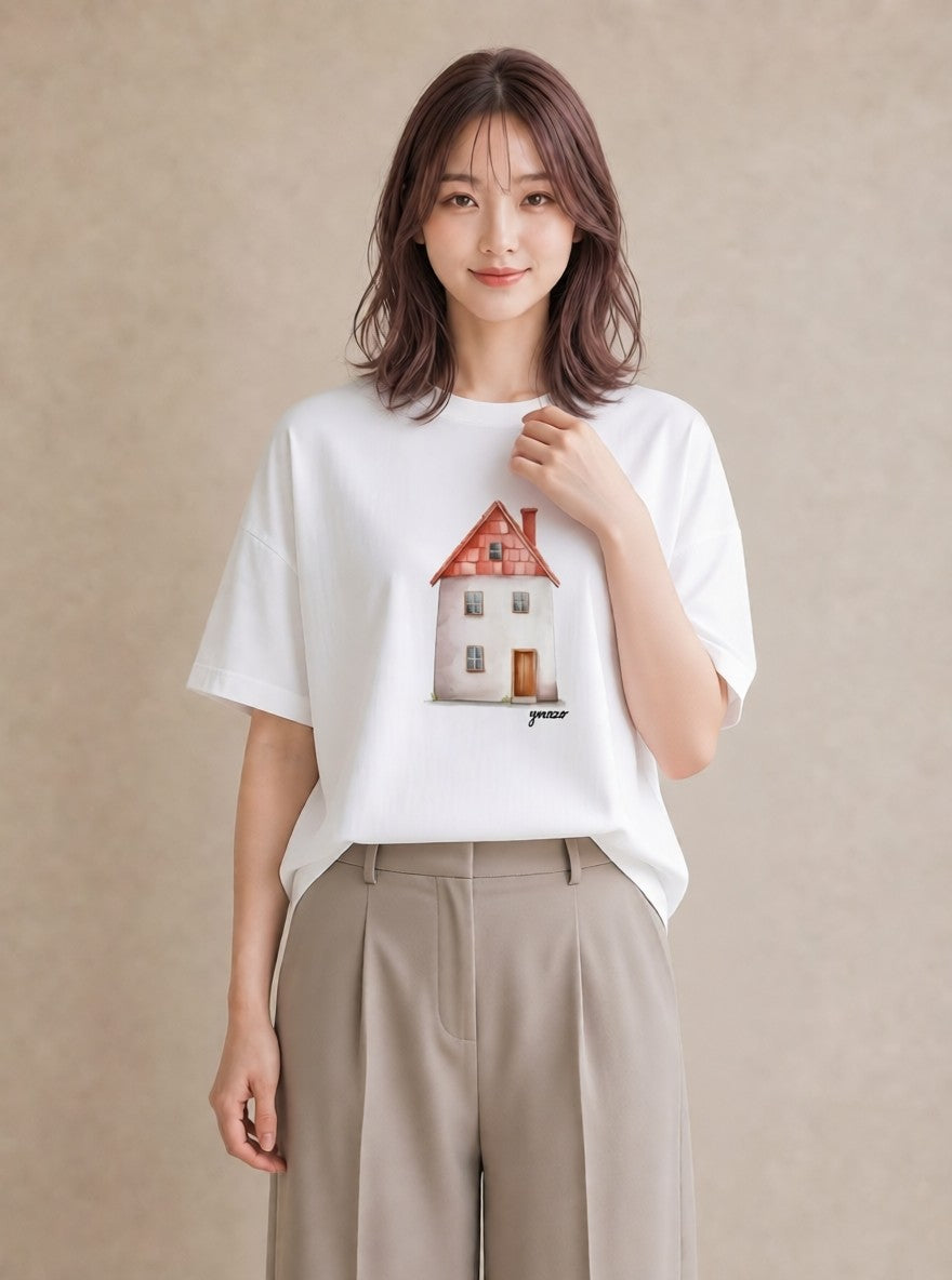 Tシャツ レディース 夕暮れ バルコニー 夕焼け ナチュラル アンティーク イラスト ボタニカル 部屋着 女性向けギフト 白T