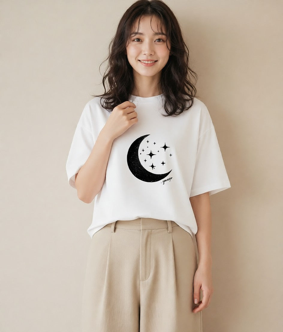 Tシャツ レディース 月と星 星空 ムーン イラスト モード 姉妹 送別ギフト 白T