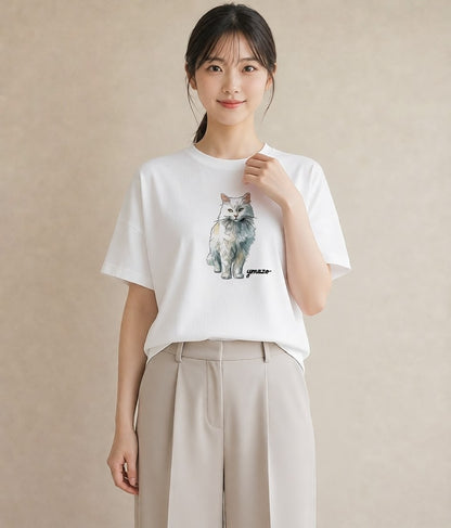 Tシャツ レディース ねこ 猫 ネコ イラスト ラフカジュアル デイリーウェア 休日 白T