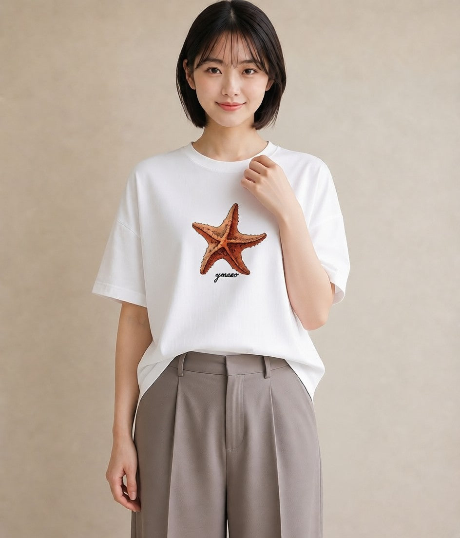 グラフィックTシャツ レディース ヒトデ 海の生き物 海 イラスト ポップ カフェ服 クリスマス 白T