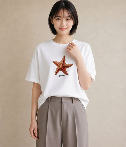 グラフィックTシャツ レディース ヒトデ 海の生き物 海 イラスト ポップ カフェ服 クリスマス 白T
