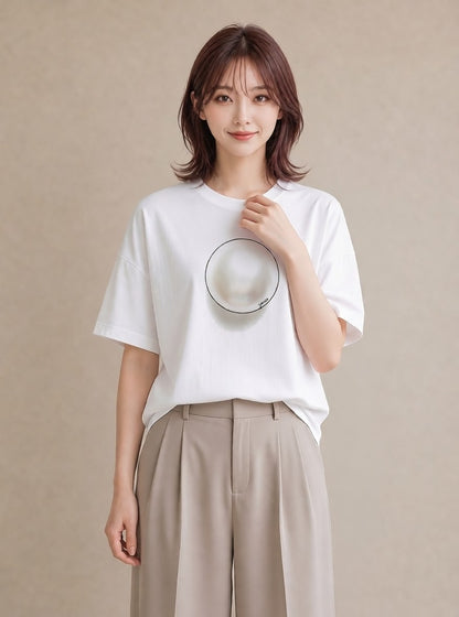 グラフィックTシャツ レディース パールピアス アクセサリー ナチュラル アンティーク イラスト ゆるコーデ 社会人 女性 白T