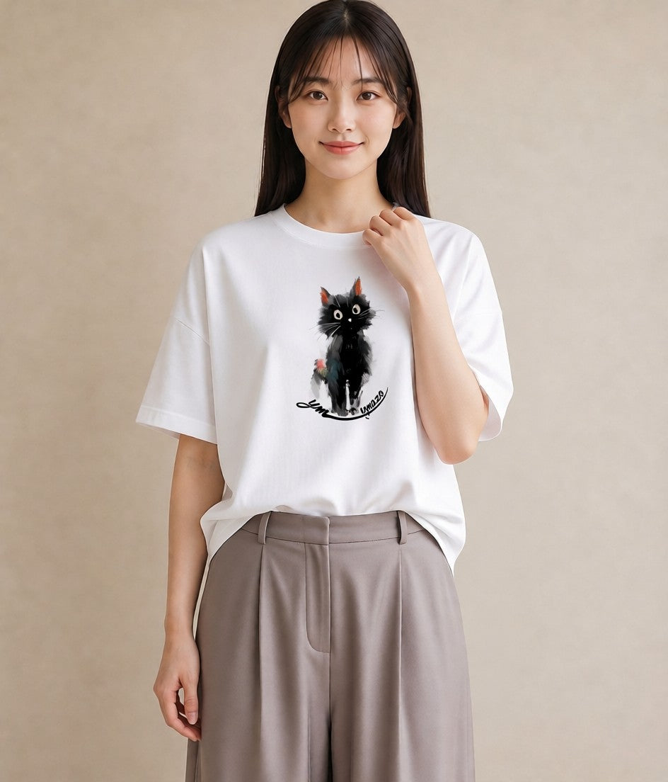 Tシャツ レディース ハチワレ 白黒猫 猫 ねこ イラスト きれいめカジュアル 帰省 ラフ 白T