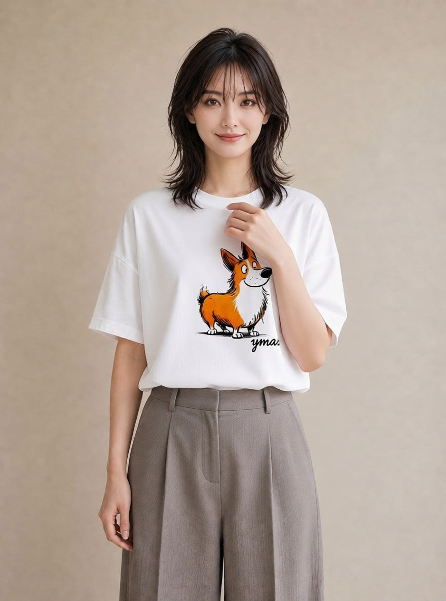 半袖Tシャツ レディース ウェルシュコーギー コーギー 犬 いぬ イラスト 上品 春服 ミセス 白T