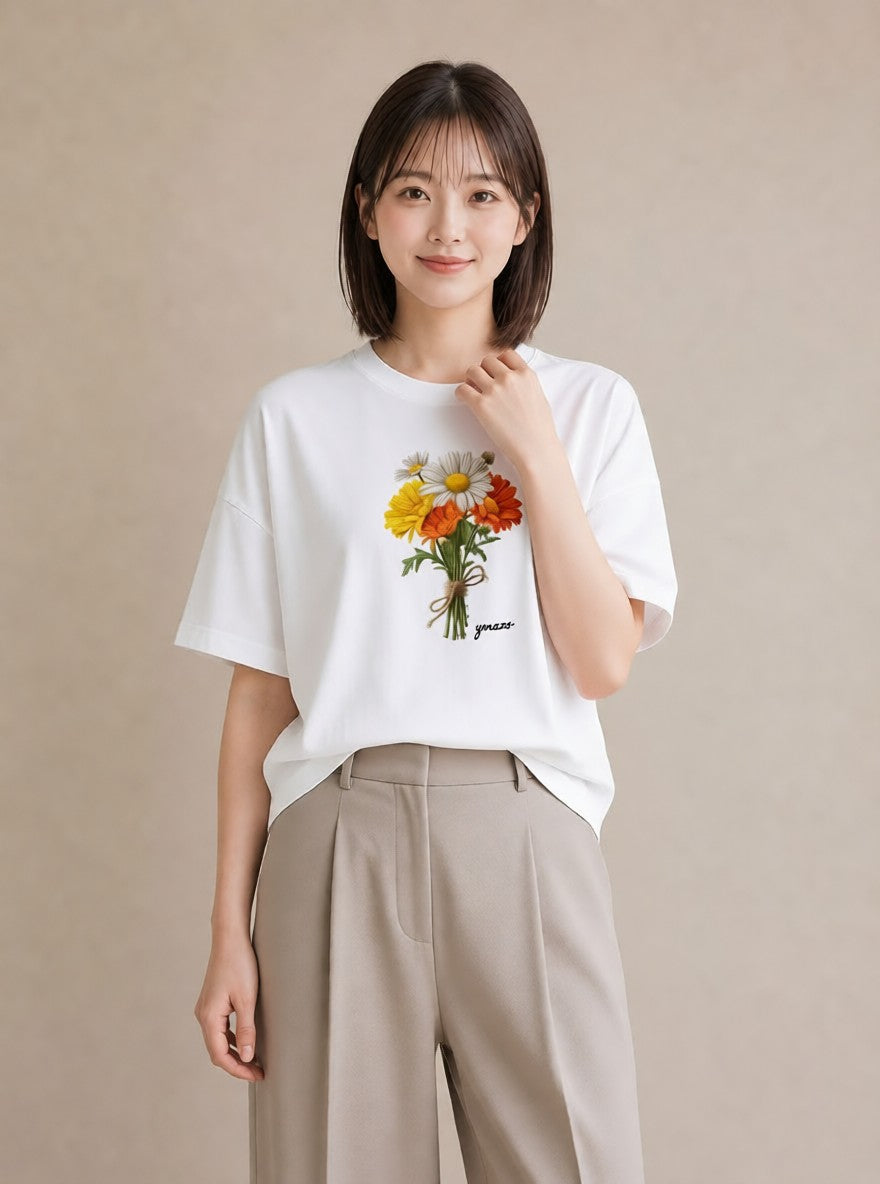 デザインTシャツ レディース マーガレット 花 花柄 イラスト 上品 社会人 女性 白T