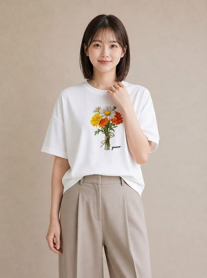 デザインTシャツ レディース マーガレット 花 花柄 イラスト 上品 社会人 女性 白T
