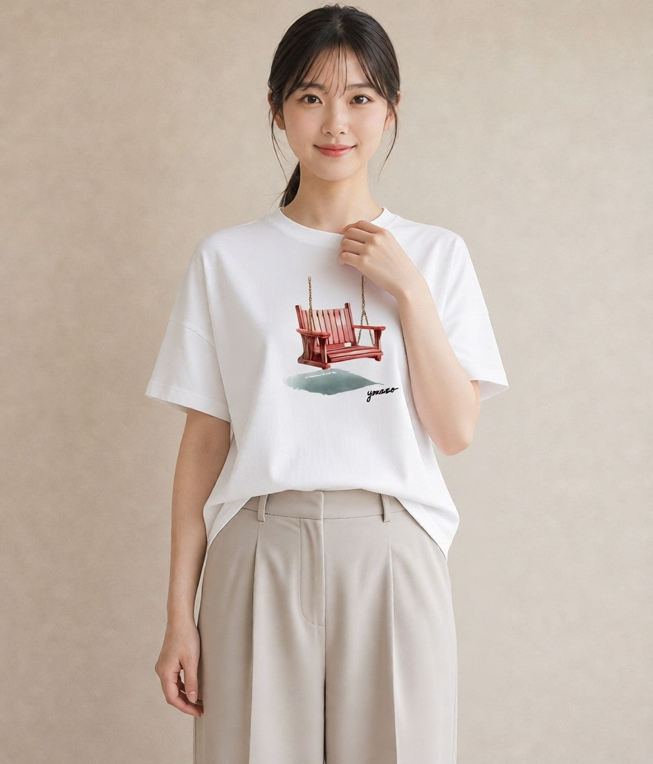 半袖Tシャツ レディース 雨上がりのベンチ ベンチ ナチュラル アンティーク イラスト アート風 休日 ペアコーデ 白T