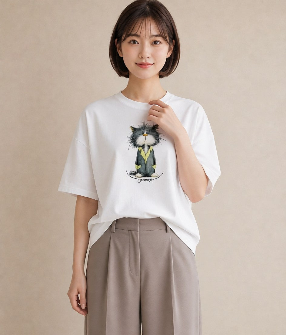 プリントTシャツ レディース ハチワレ 白黒猫 猫 ねこ イラスト シンプル ペアコーデ 秋コーデ 白T