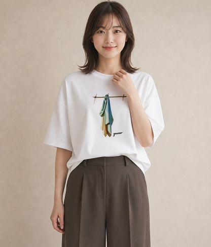 プリントTシャツ レディース 洗濯物 風 ナチュラル アンティーク イラスト ガーリー カフェ巡り 女子会 白T