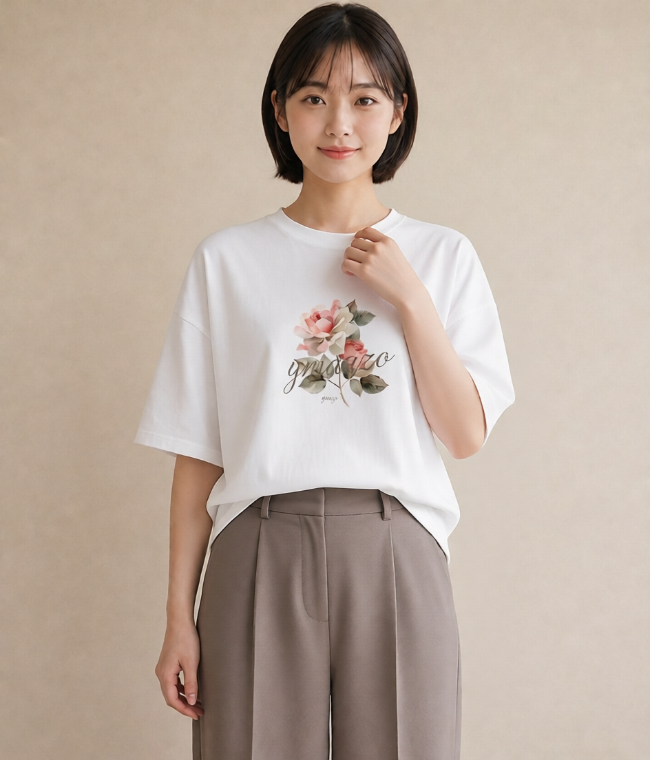 Tシャツ レディース 椿 花 花柄 イラスト ガーリー デイリーウェア 休日 白T