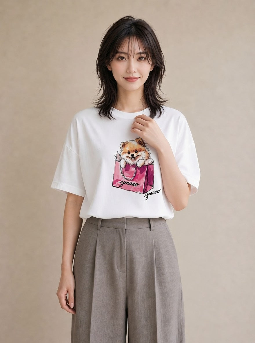 デザインTシャツ レディース 犬好き 犬 いぬ イラスト 旅行コーデ デイリーウェア 休日 白T