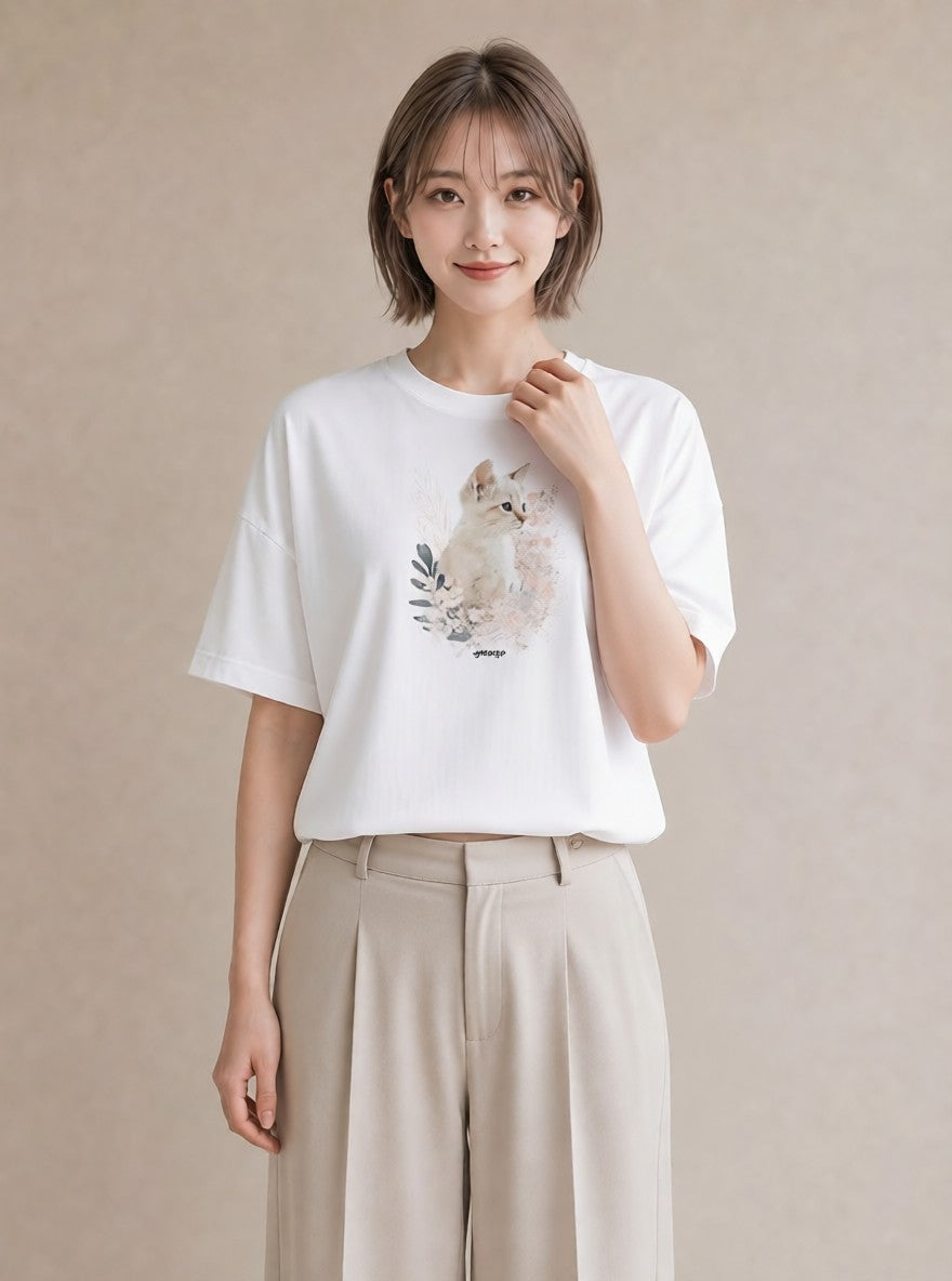 プリントTシャツ レディース シャム柄 猫 ねこ イラスト シンプル 女性向けギフト 散歩 白T