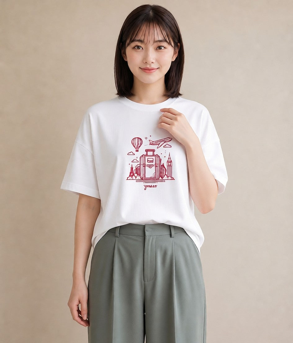 半袖Tシャツ レディース 旅 トラベル スタンプ イラスト 上品 春服 ミセス 白T