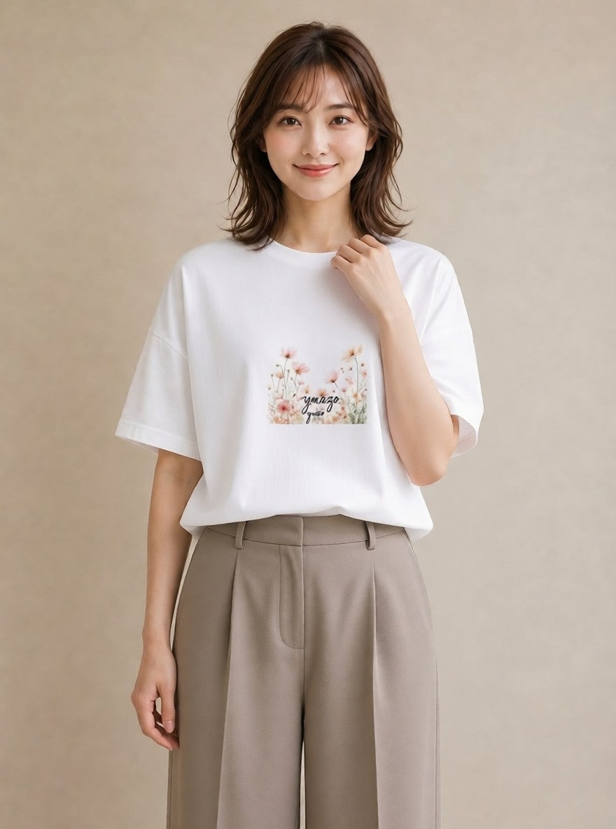 グラフィックTシャツ レディース コスモス 秋桜 花 花柄 イラスト ギフト 母の日 白T