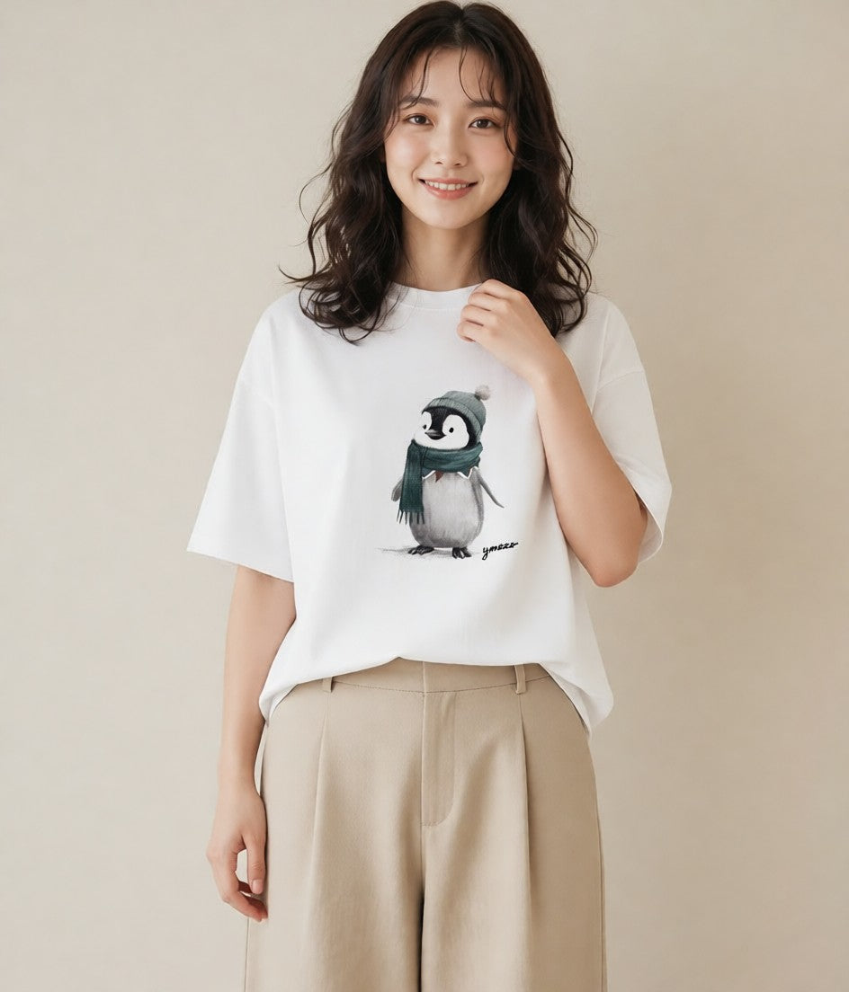 プリントTシャツ レディース コウテイペンギン 動物 アニマル イラスト ユニーク 親子 20代 白T