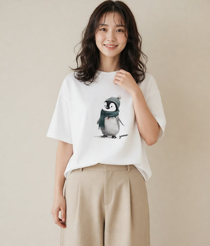 プリントTシャツ レディース コウテイペンギン 動物 アニマル イラスト ユニーク 親子 20代 白T