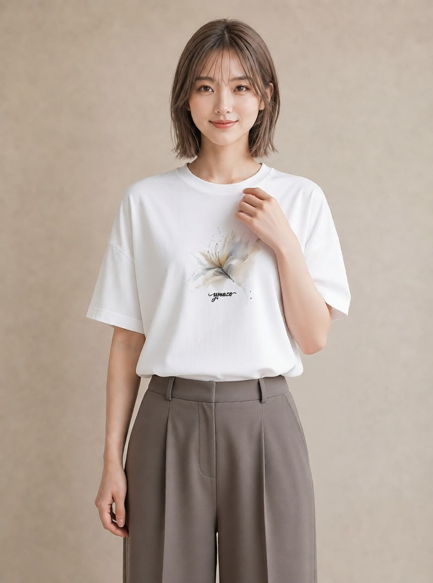 プリントTシャツ レディース ゆり 百合 花 花柄 イラスト 可愛い カジュアルコーデ 買い物 白T
