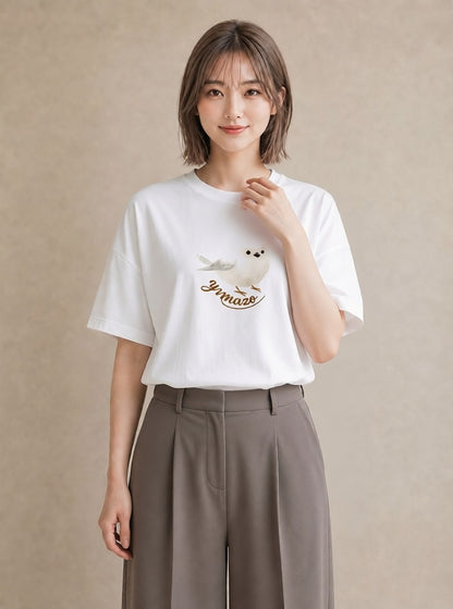 プリントTシャツ レディース シロフクロウ 動物 アニマル イラスト 韓国風 ホワイトデー 春服 白T