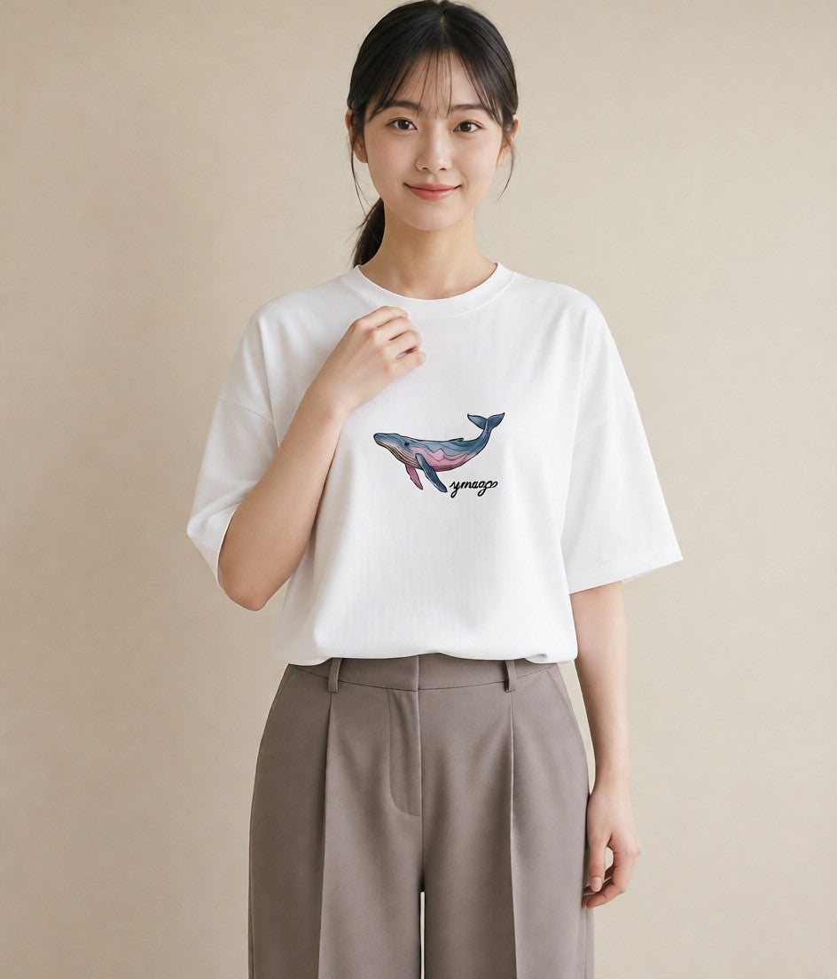 グラフィックTシャツ レディース イルカ 海の生き物 海 イラスト こなれ感 ペアコーデ 秋コーデ 白T