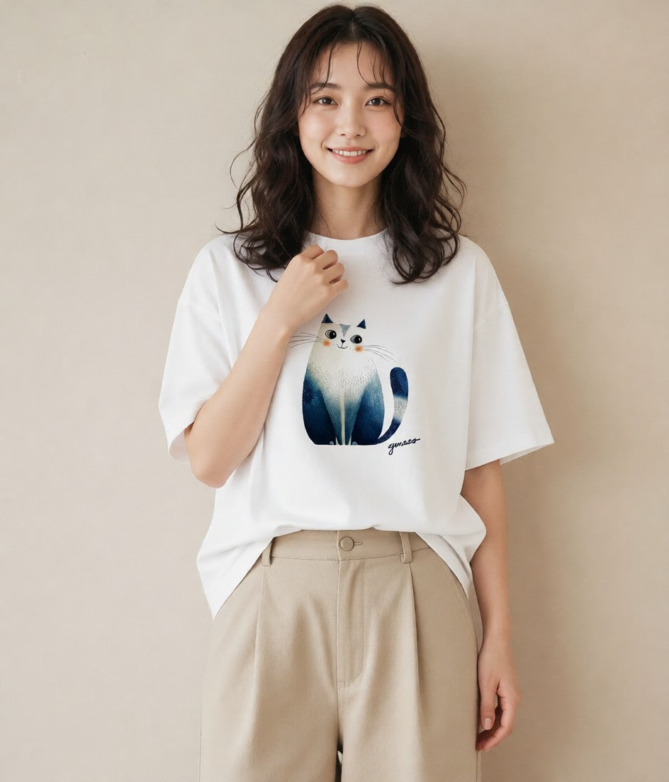 Tシャツ レディース ブリティッシュショートヘア 猫 ねこ イラスト ゆるコーデ お揃い 親子 白T
