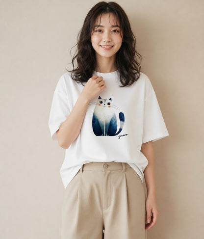 Tシャツ レディース ブリティッシュショートヘア 猫 ねこ イラスト ゆるコーデ お揃い 親子 白T