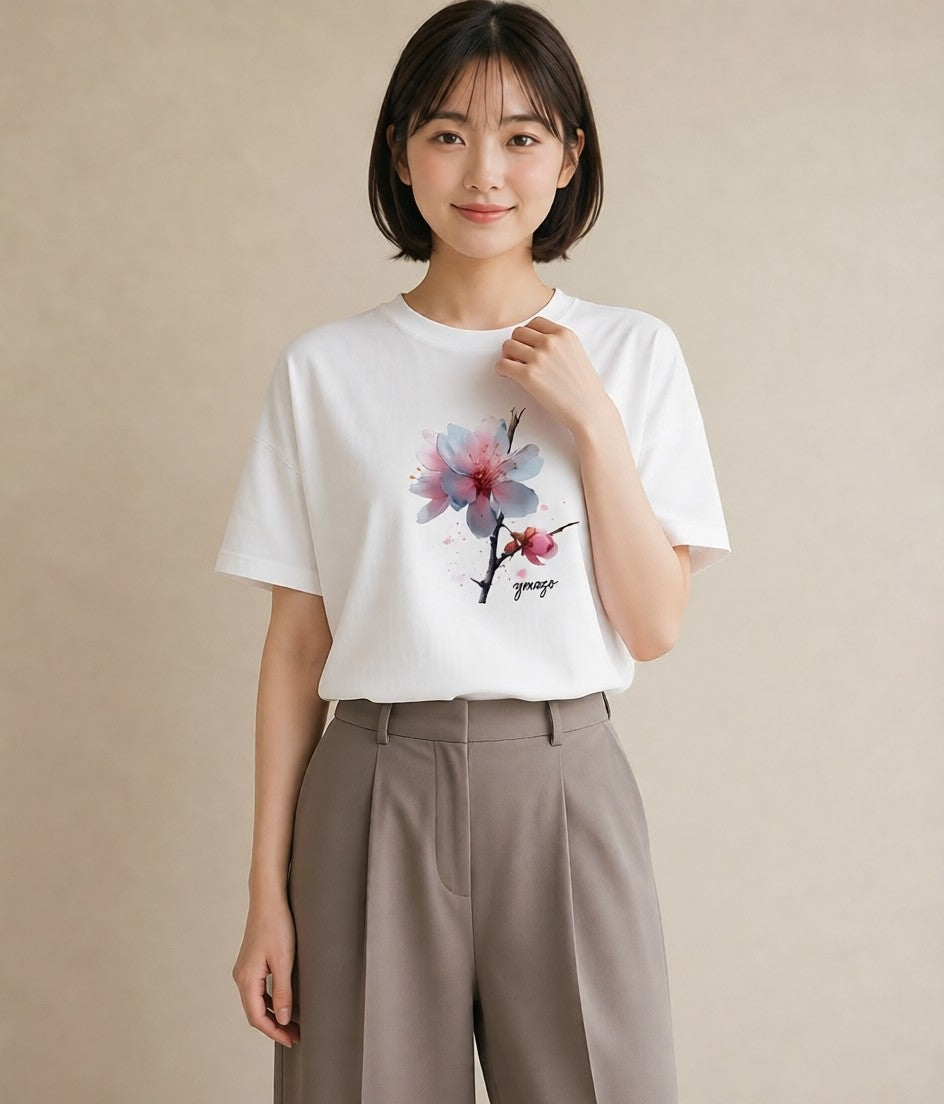 デザインTシャツ レディース さくら 桜 サクラ 花 花柄 イラスト 線画 ビーチ デイリーウェア 白T