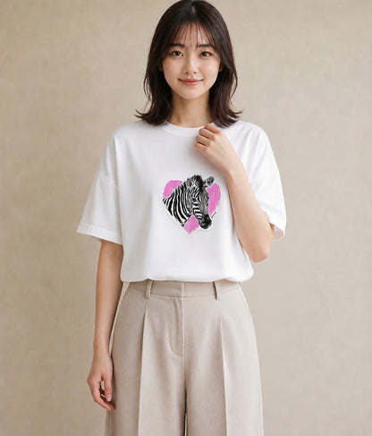 Tシャツ レディース しまうま 動物 アニマル イラスト 可愛い 春服 ミセス 白T