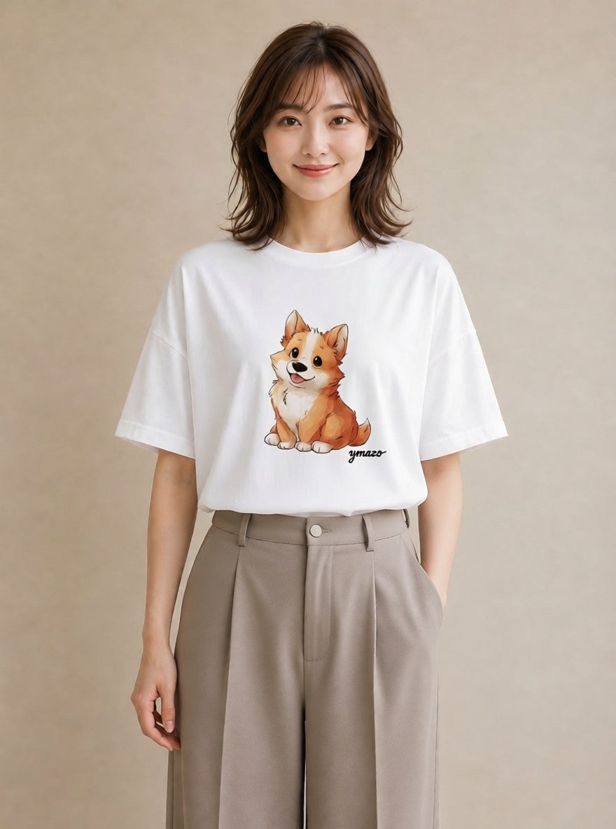 Tシャツ レディース ウェルシュコーギー コーギー 犬 いぬ イラスト シンプル デイリーウェア 休日 白T