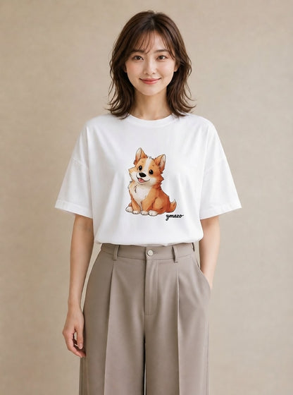 Tシャツ レディース ウェルシュコーギー コーギー 犬 いぬ イラスト シンプル デイリーウェア 休日 白T