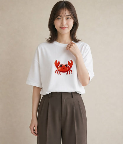 グラフィックTシャツ レディース カニ 海の生き物 海 イラスト 韓国風 旅行用 白T
