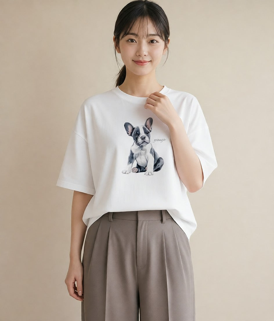 Tシャツ レディース 子犬 犬 いぬ イラスト ユニーク ビーチ デイリーウェア 白T