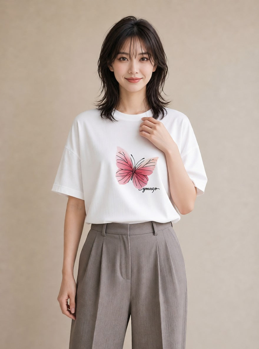 デザインTシャツ レディース ちょうちょ 蝶 バタフライ 昆虫 虫 イラスト ニュアンス 休日 ペアコーデ 白T