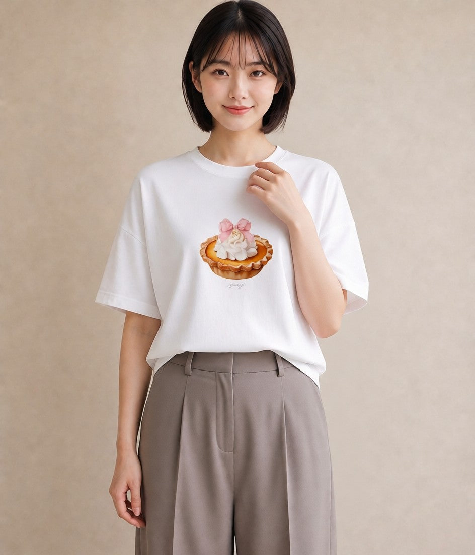 デザインTシャツ レディース プリン 食べ物 フード イラスト こなれ感 送別ギフト 通勤 白T